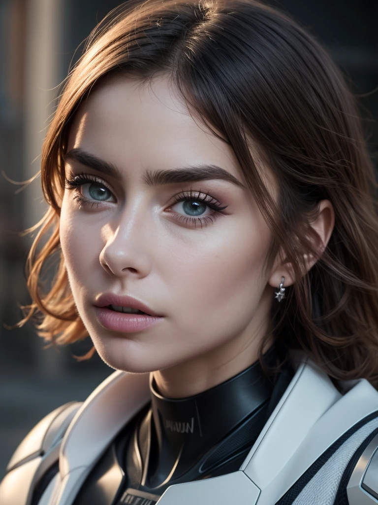 Cinematic facial features, clear and incredibly detailed, They capture the essence of LILY COLLINS with stunning beauty. The color grading is very well done., improving the overall cinematic feel. Unreal Engine le da vida, its appearance even more fascinating. With the use of depth of field. (DOF), every detail is focused and accentuated, drawing attention to your eyes and hair. Image resolution is at its maximum. We use super resolution technology to ensure every pixel is perfect. Cinematic lighting enhances your aura, while anti-aliasing techniques like FXAA and TXAA keep edges smooth and clean. Adding realism to the ROBOCOP-like body suit, RTX technology enables ray tracing. It seems like it&#39;s really there. Besides, SSAO (Screen space ambient occlusion) Gives depth and realism to the scene., The girl Her presence is even more convincing. In the post-processing and post-production stages, tone mapping enhances colors, creating a captivating visual experience. CGI Integration (computer generated images) and visual effects (Visual effect Enhance your robotic features perfectly. Sound effects (Sound effects) complement visual art, immersing the viewer even more in this fantastic world. The level of detail is impressive., with intricate elements meticulously crafted, la obra de arte is hyper maximalist and hyper realist. Volumetric effects add depth and dimension., and the photorealism is incomparable. Image is rendered in 8K resolution, ensuring super detailed images that add a touch of magic. , highlighting her beauty and aura in an otherworldly way. High dynamic range technology (HDR) makes the colors pop, adding richness to the overall composition. Finally, This work of art presents an unreal, Blonde