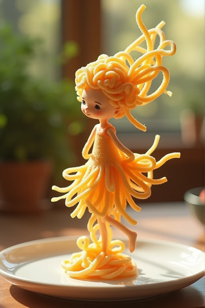 " A whimsical miniature figure composed of delicately arranged noodles , poised in a carefree dance on the rim of a plate , white shiny plate , set on a table , vibrant kitchen backdrop, where dappled sunlight filters through the canopy above, casting intricate shadows. The overall aesthetic is ethereal, with warm, earthy tones of sienna, umber, infused with hints of emerald and golden light, evoking a sense of wonder and enchantment , as if plucked from a fantastical realm.