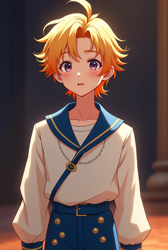 I drew a high school boy who was doing a play, with blonde hair.、She's wearing a white outfit with a blue collar, and her hair is sticking out.、The bangs are separated into three sections.々Please make a face like this. The hair will have a gradient of orange towards the end. It's a boy. The hair is well-groomed.、It's a little out of place. Please dress like a prince. The trousers have silver decorations.