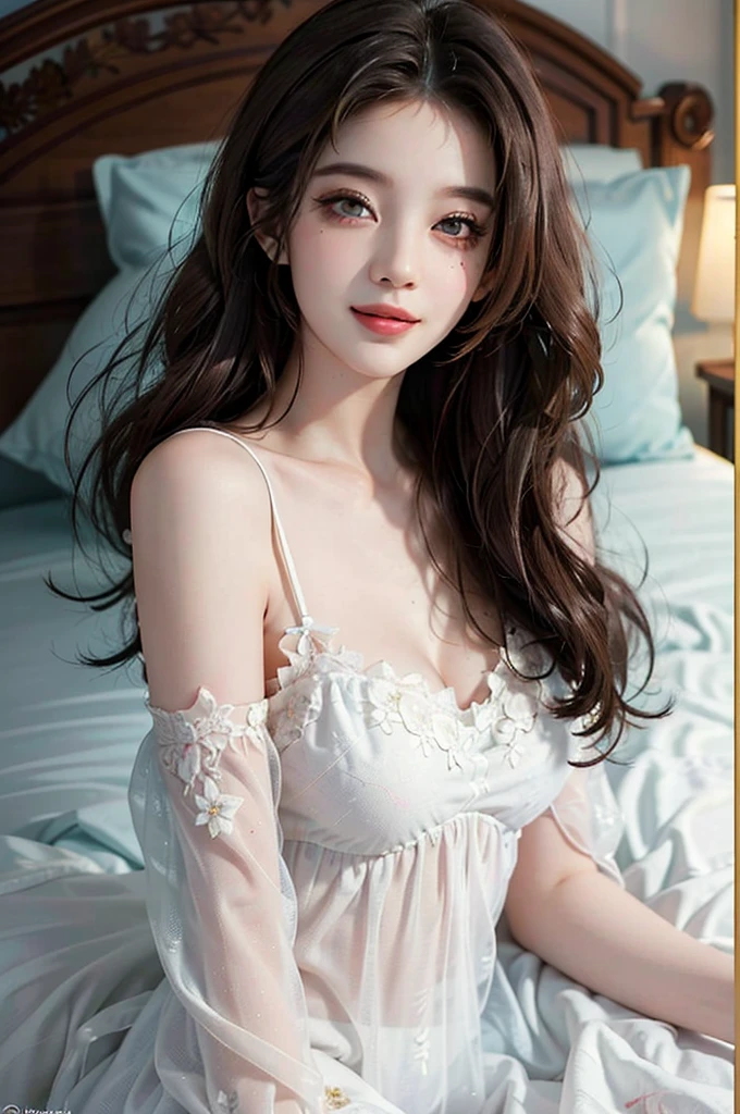 see-through, nightgown, (best quality, masterpiece:1.2), Extremely detailed, (Practical:1.37), beautiful, youth, Glamorous model, Warm colors, (big eyes, Delicate eyes, Delicate lips, Delicate eyes), Lying in bed, Available in white with floral pattern, Show a bright smile, fit, Full breasts, Long legs, Create a stunning picture of a girl enjoying her sleep