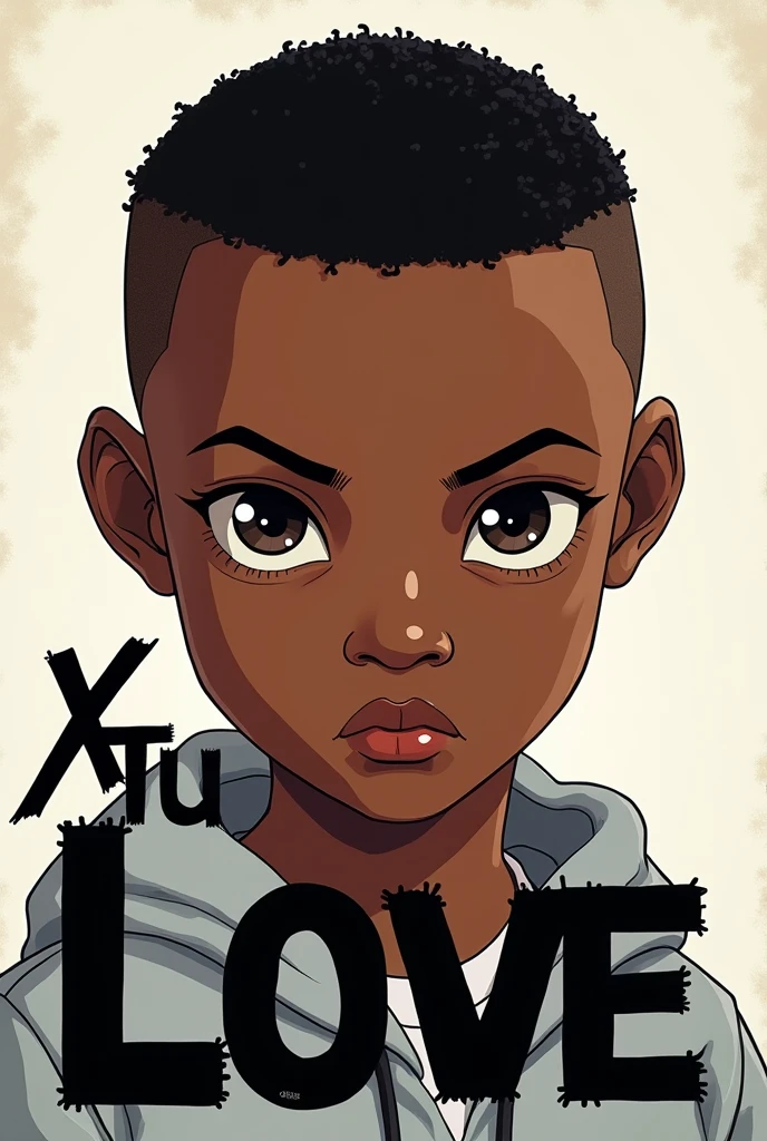 Black boy, Buzz cut hair, and , text says " X TU LOVE" (anime estyle)