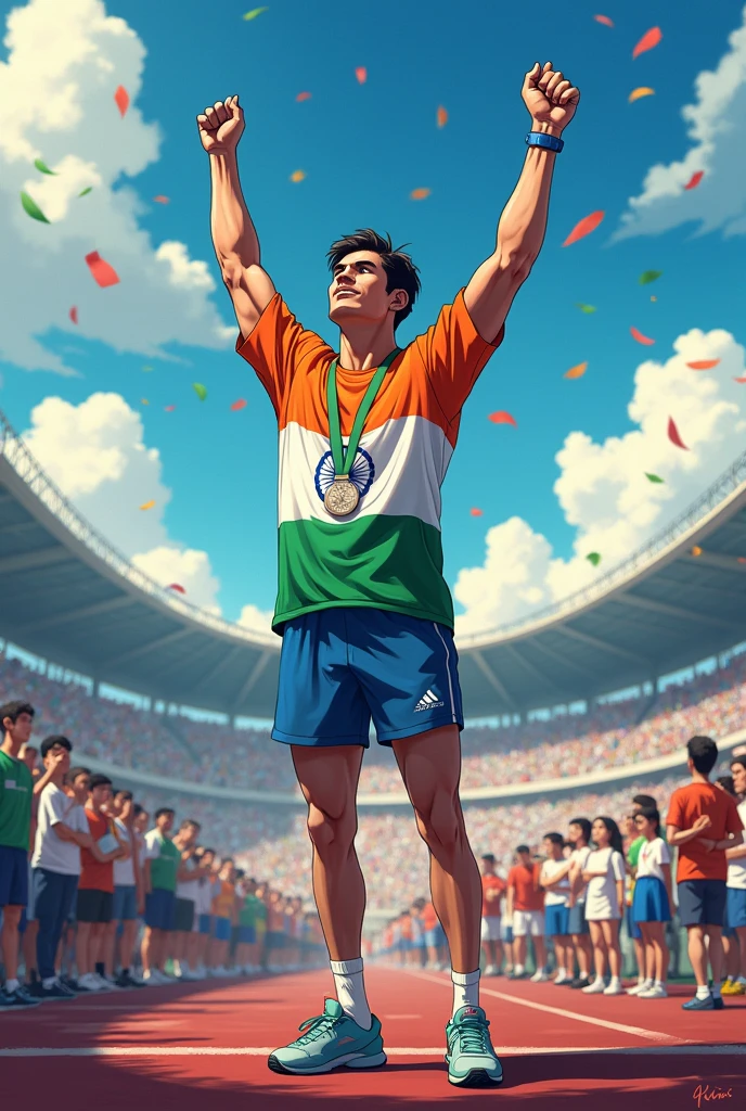 A beautiful man anime with wearing indian tricolor, celebrating with silver medal in Paris Olympics,too many people sitting in ground