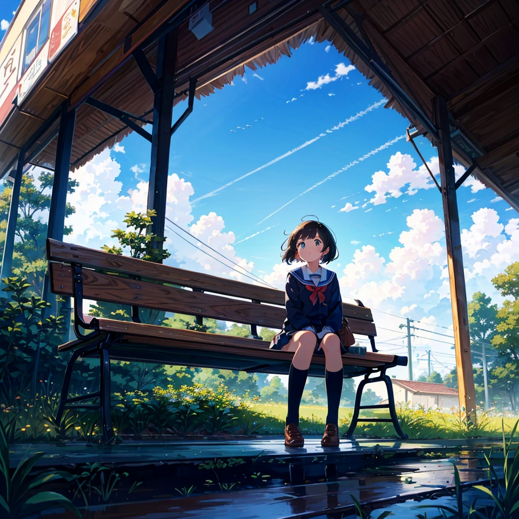 {{{Masterpiece, highest quality, high resolution background}}}, bright and beautiful atmosphere, 1 girl (7 years old, round face, baby face), small breasts, old deserted train station bench, school uniform, sitting on the bench in summer A girl looking up at the blue sky, a plane is flying in the sky, "deltamon_sdXL :0.73) >Deltamon"