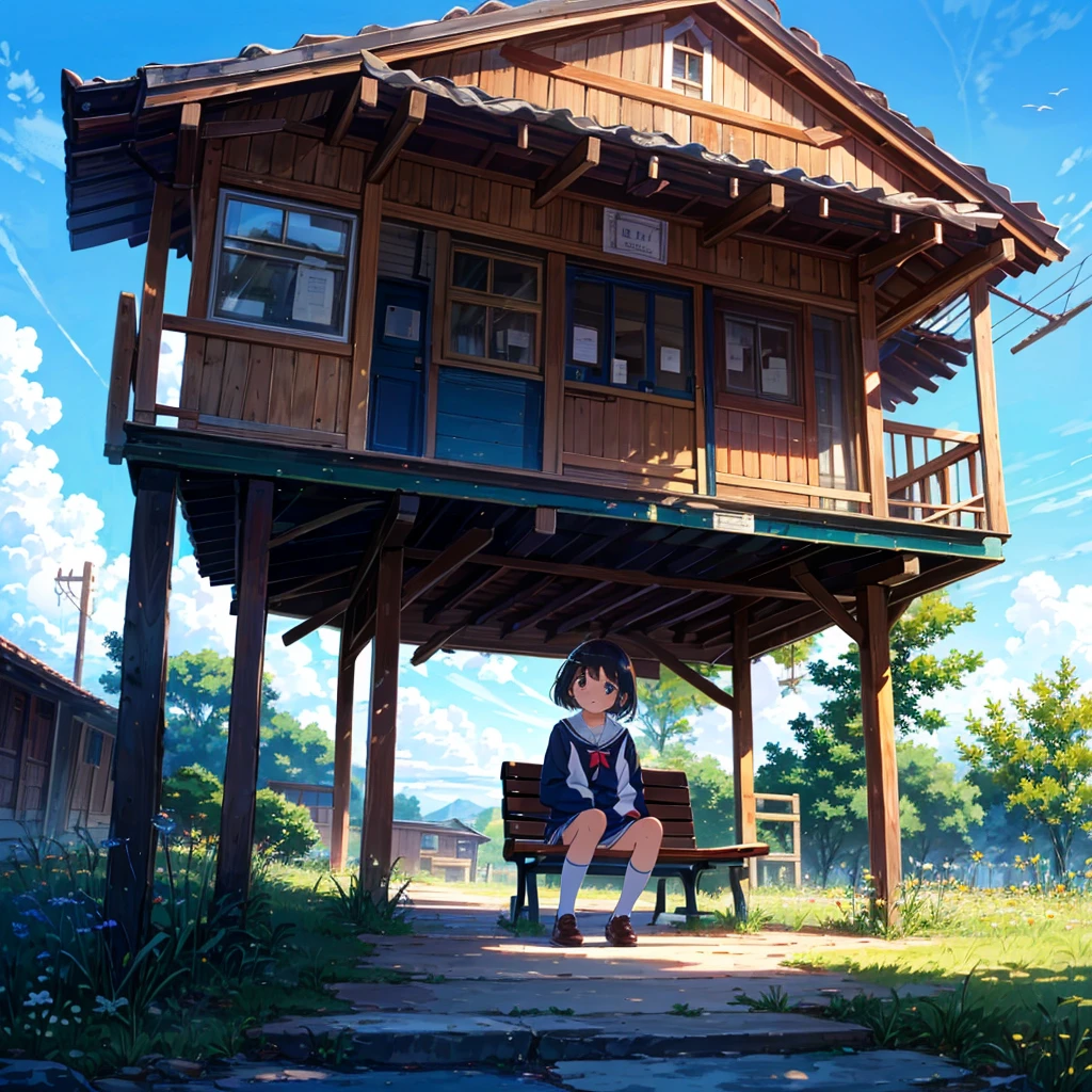 {{{Masterpiece, highest quality, high resolution background}}}, bright and beautiful atmosphere, 1 girl (7 years old, round face, baby face), small breasts, old deserted train station bench, school uniform, sitting on the bench in summer A girl looking up at the blue sky, a plane is flying in the sky, "deltamon_sdXL :0.73) >Deltamon"