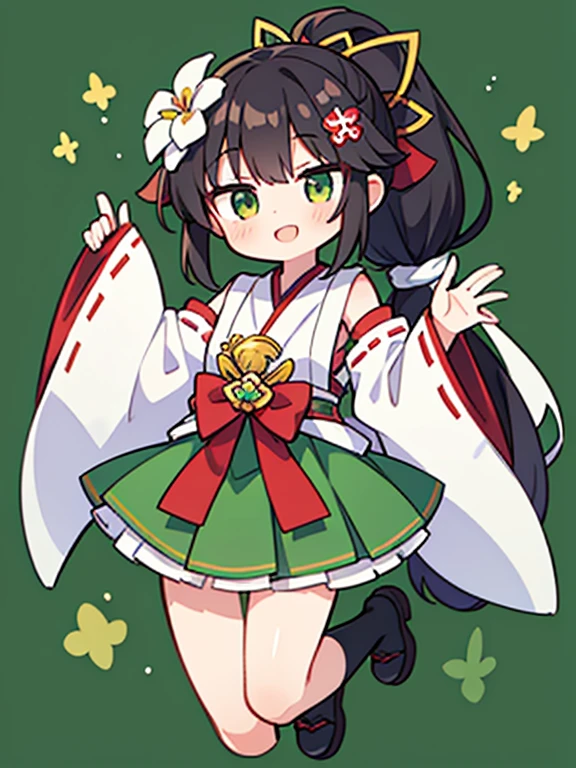 One girl,Miko costume , Littleキャラ ,Long Black Hair, Ponytail Hair Flower Hair Ornament, Little, whole body, Green background, smile,