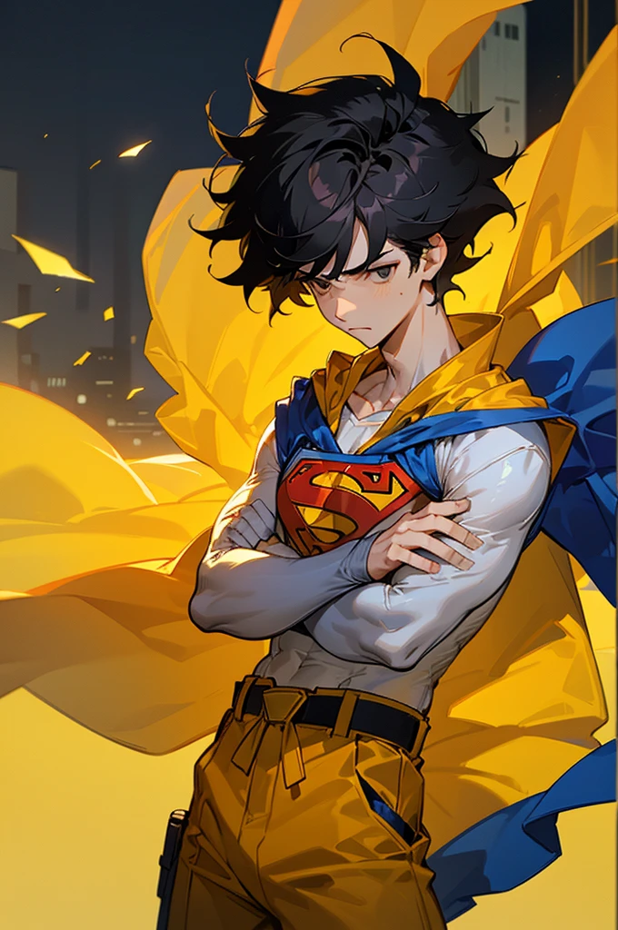 1male , Low Cut Hair , Messy Hair , Black Hair , Black Eyes , Lean , male , White Body Suit , Serious Expression , Modern City Background , Yellow Baggy Pants , Sash belt , Yellow S symbol on chest, street level background, cowboy shot, upper body, superman shirt, white cape, arms crossed, white arm sleeves, cape behind person,