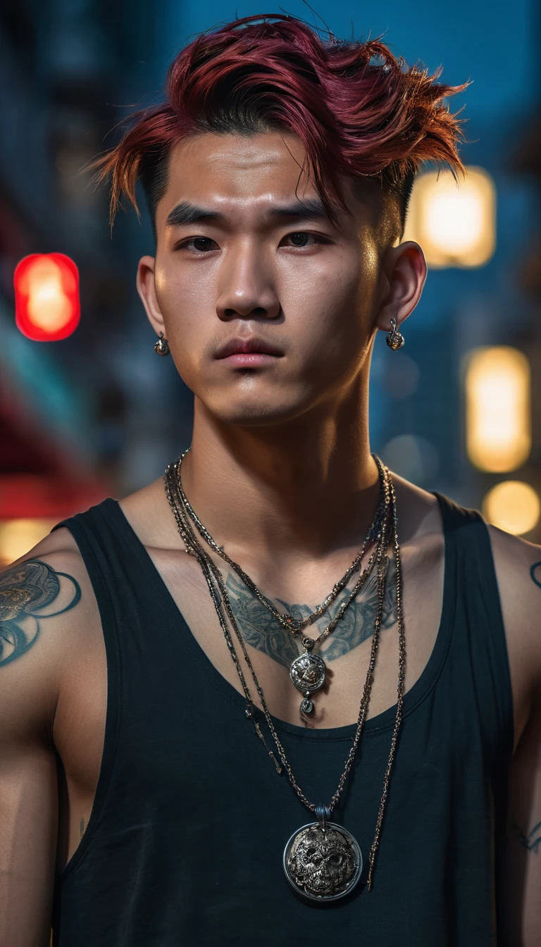 Photo of a man, half-body, extremely handsome, , muscular, tattooed, wearing a necklace, hair tied up, street scene, gangster style, romantic, Hong Kong cinema. Their eyes are filled with sadness and longing. Full moon light background. Cinematic light, high detail, 8k, artstation, conceptual art, dark fantasy. Photo taken with Canon EOS R5 85mm f/11 camera, ((sharp)) mode of people and surrounding scenery. Image quality ((8K)), ((realistic)), ((masterpiece)), ((sharpest and highest contrast)), ((great depth of field)), ((stereoscopic light)), ((angry, fierce)), detailed pores, ((looking straight at the camera)), (((red hair)))