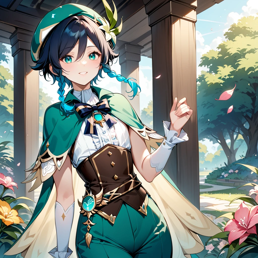 (best quality,4k,8k,highres,masterpiece:1.2),1boy,venti genshin impact,male focus,flat chest,ultra-detailed,realistic,dsmile,morning of spring,delicate light rays,rich color palette,elegant curves,effects of light and shadow,flower petals falling,springtime essence,ethereal atmosphere,peaceful garden background,morning dew,soft sunlight filtering through trees,lush plants,komorebi,vividly colored blossoms,transcendent beauty,awe-inspiring artwork,white long-sleeved shirt, brown corset,green shorts, white tights,green cape,hat,brooch,green eyes,flirty smile,cinematic lighting, ray tracing, UHD, high details, high quality, award winning, super detail, genshin splash art