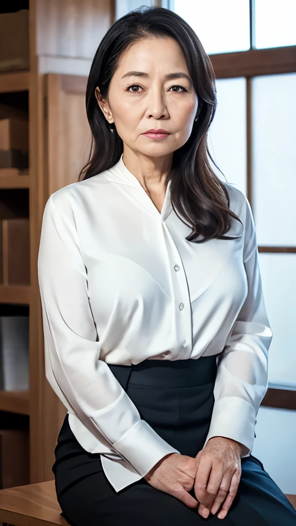 High resolution, High resolution, Attention to detail, masterpiece,(loose body), Anatomically correct, sharp, ((Japanese Mature)),(80 years old:1.3),((Facial wrinkles)),Sagging breasts,Fair skin, Black Hair,(Semi-long hair), bangs,(((Stand upright, facing the center))),Look at the photographer, Looking Ahead,(White blouse:1.4),(Tight Skirt:1.2),(Sitting),(Thighs:1.2),Inside the warehouse,(Serious expression),(old woman:1.4),Mature politician