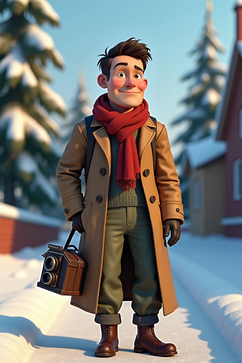 Pixar style, animation, 3d, journalist, 1900s, Russia, snow background, journey, camera, 30s old age, adventure