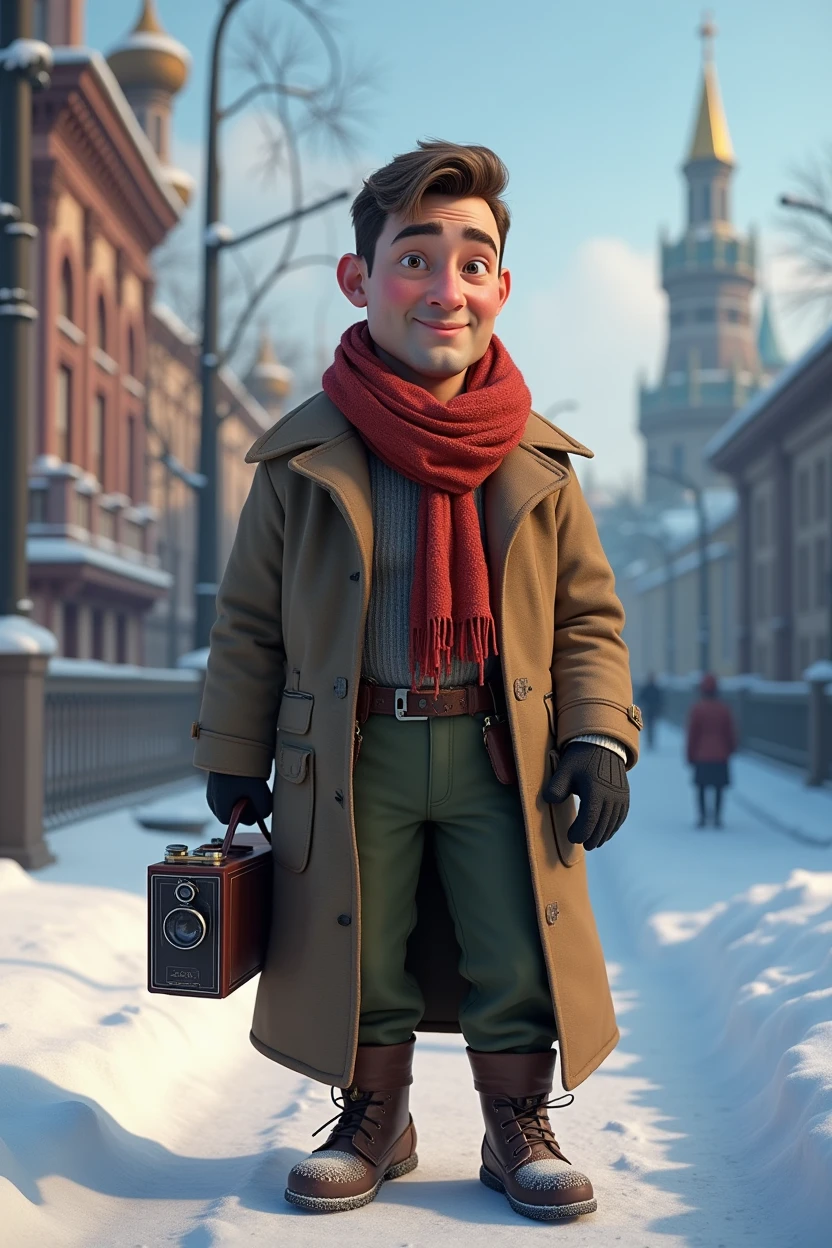 Pixar style, animation, 3d, journalist, 1900s, Russia, snow background, journey, camera, 30s old age, adventure 