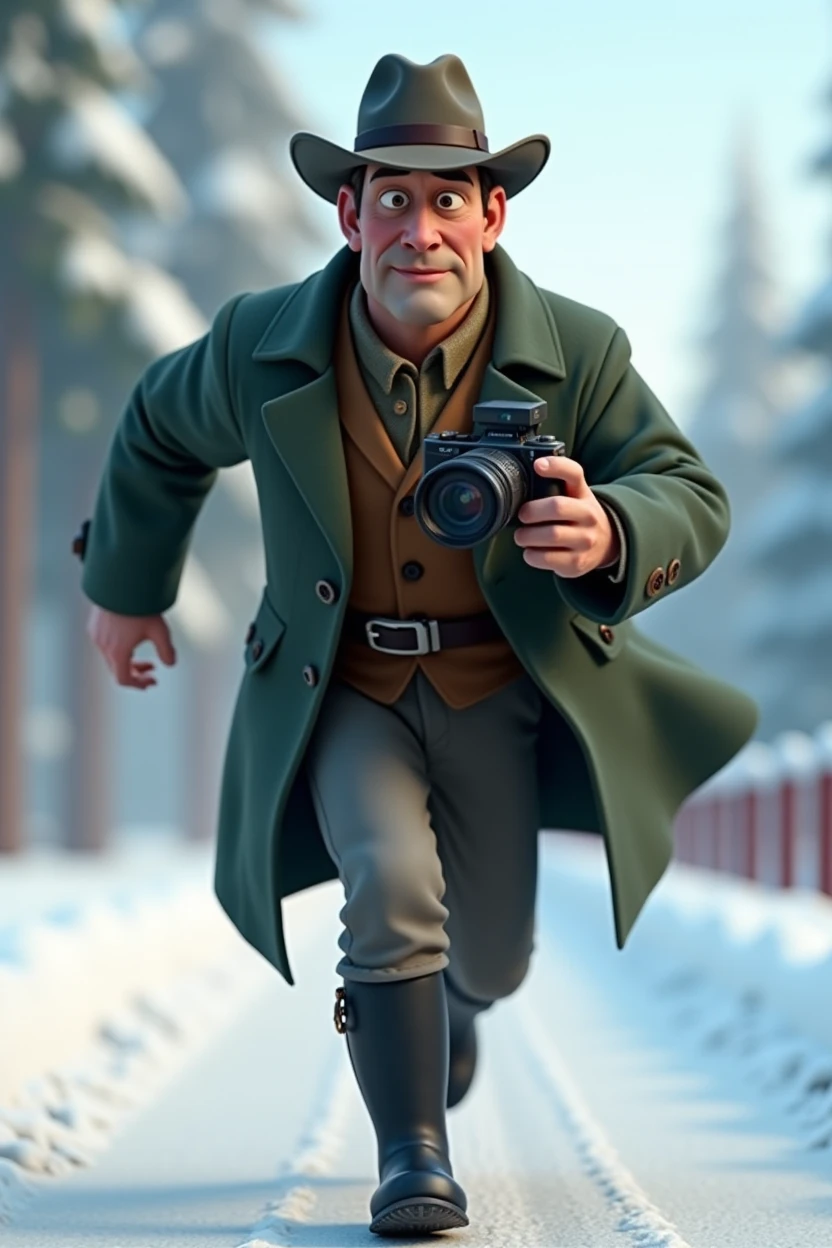Pixar style, animation, 3d, journalist, 1900s, Russia, snow background, journey, camera, 30s age, adventure, running , movie poster, high quality, running face expression, vantage camera on his hand, full body shows. Disney, wearing a black boots, wearing vintage long dark green jackets, wearing a hat old for cold,