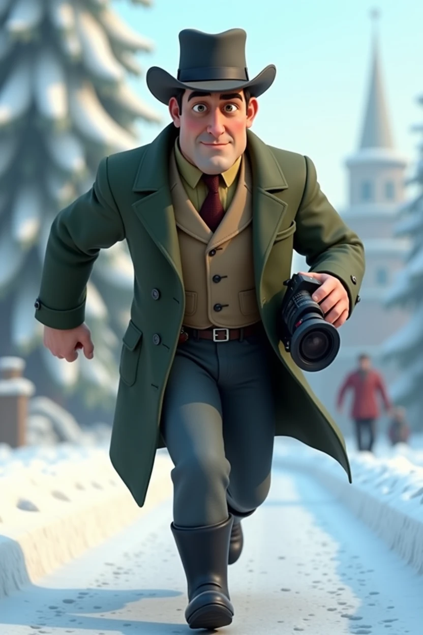 Pixar style, animation, 3d, journalist, 1900s, Russia, snow background, journey, camera, 30s age, adventure, running , movie poster, high quality, running face expression, vantage camera on his hand, full body shows. Disney, wearing a black boots, wearing vintage long dark green jackets, wearing a hat old for cold,