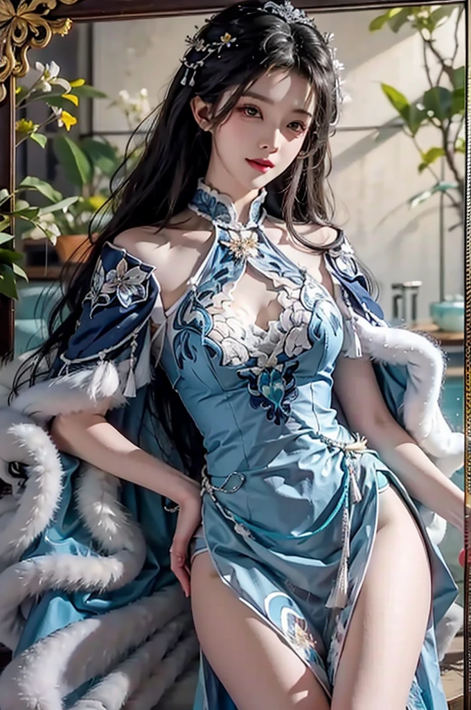 guqinghan,cangyugezhu,
chinese clothes, china theme, blue dress,white lace trimgloves, Fur trim, side slit, cape, shawl, (best quality, masterpiece:1.2), Extremely detailed, (Practical:1.37), beautiful, youth, Glamorous model, Warm colors, (big eyes, Delicate eyes, Delicate lips, Delicate eyes), Lying in bed, Available in white with floral pattern, Show a bright smile, fit, Full breasts, Long legs, Create a stunning picture of a girl enjoying her sleep