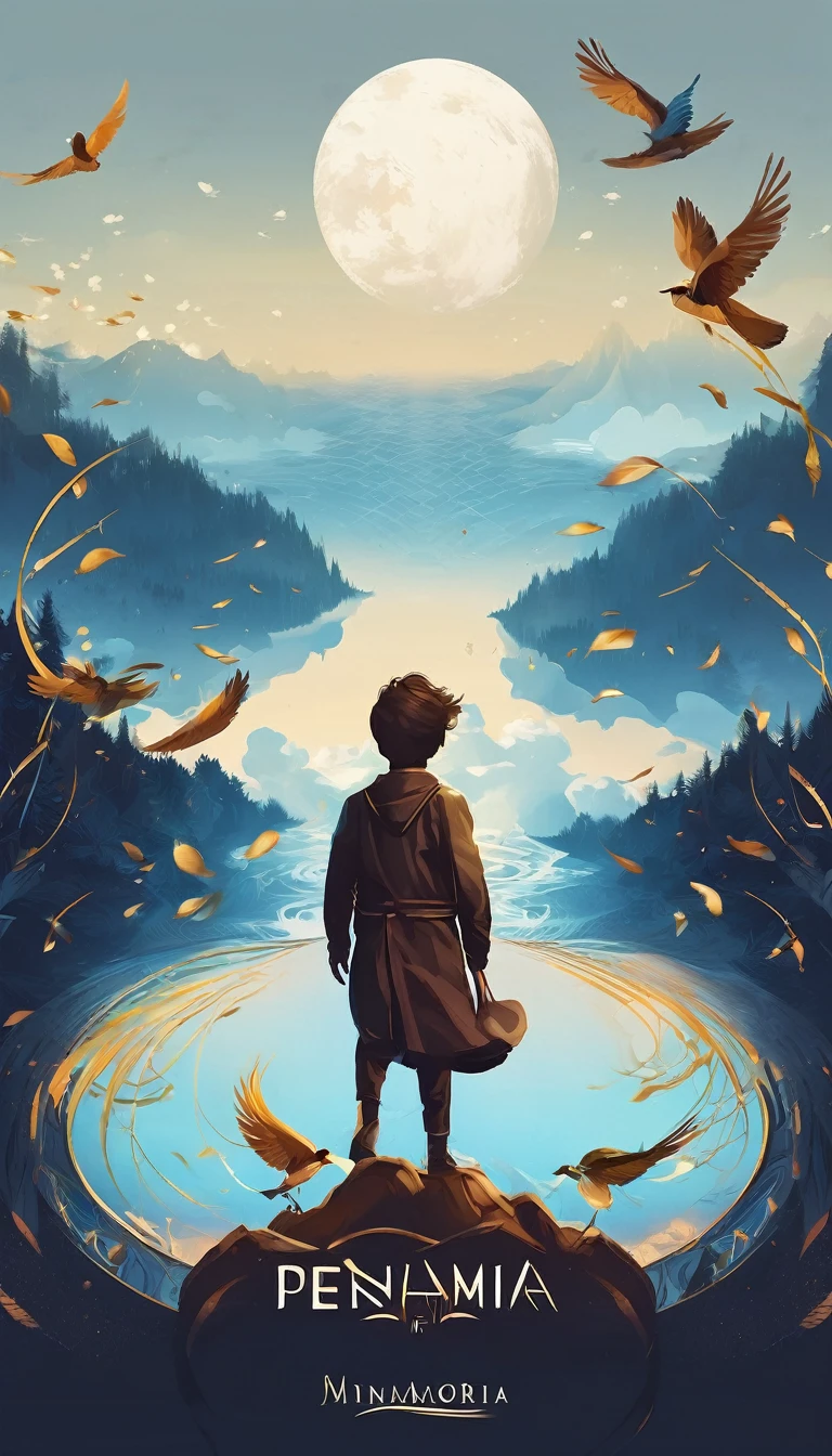Create a professional, fantastic, cinematic dream-like logo design for a brand about music, stories, fantasy, memories and dreams called " Penamemoria". Masterpiece, 4k, sharp focus, highest quality,wide shot. The title is " Penamemoria". Is a brand about the creative, unique creative journey of a boy and a feather of memories. Minimalistic, simple, poetic, dreamy logo design at the center of the image. The Background image is a world full of feathers, unique birds, light blue sky, soft white and golden. Logo design of a unique, creative, masterpiece feather of memories