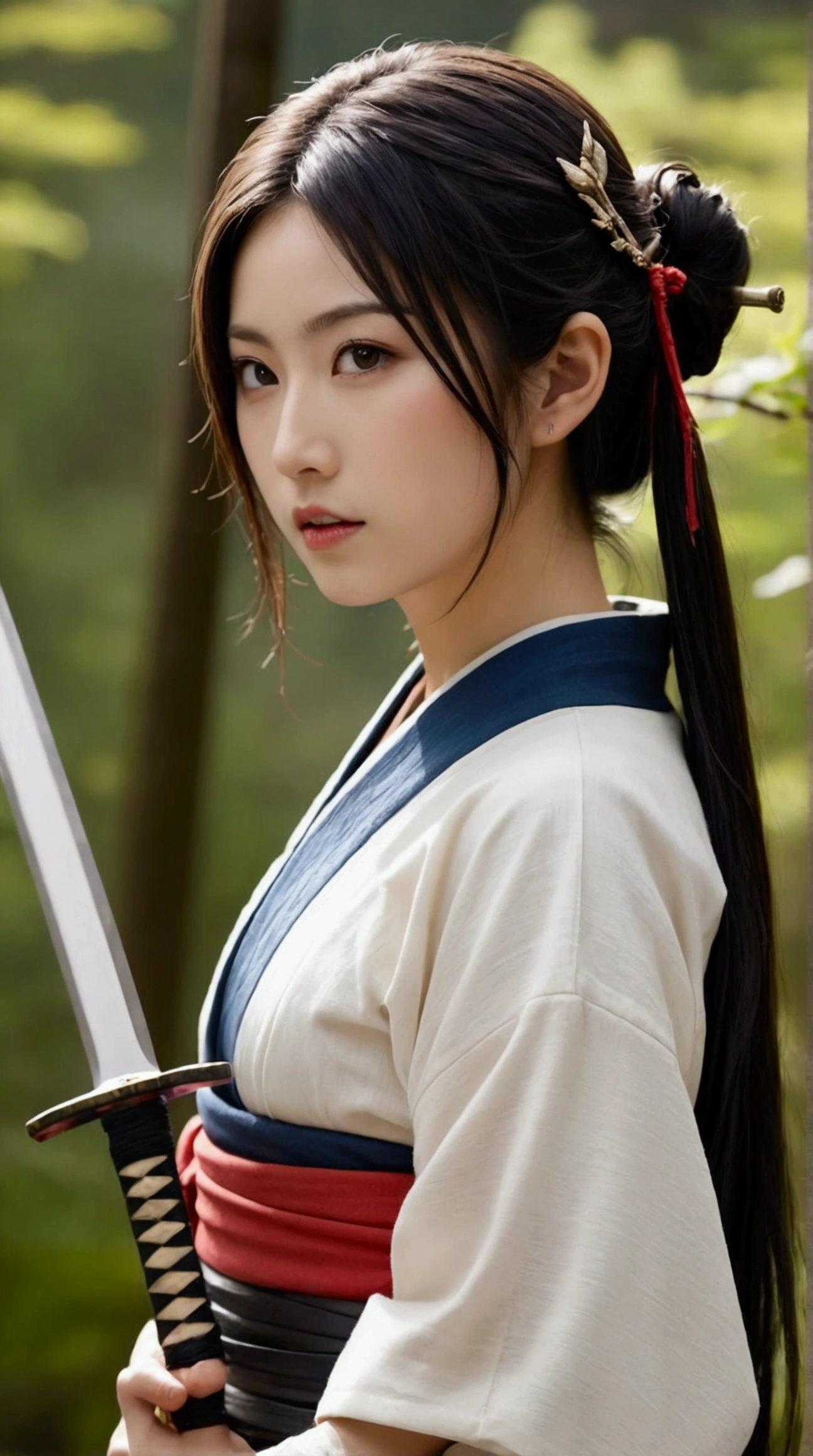 (Japanese sword &reference;Muramasa 2&reference;.2)Beautiful 27 year old woman、Japanese women、Tie your hair back、Hair ornament artist、Shinobi Costume、Warrior、Clear Eyes、{Arm tattoo(SakuraFubuki}'Tattoo on the back、Warrior、(Japanese swordを両手で構える、1.3)(Japanese sword1.2)Intermediate position、whole body、A long-edged sword、Realistic battle scenes、敵Warriorの返りBlood、Blood、High resolution、Highest quality、Very detailed、8k、background、The castle is burning、Sparks fly、
