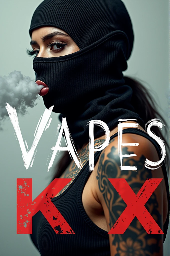 Cover that says Vapes Kx with a woman in the background wearing a balaclava and tattoos blowing smoke
