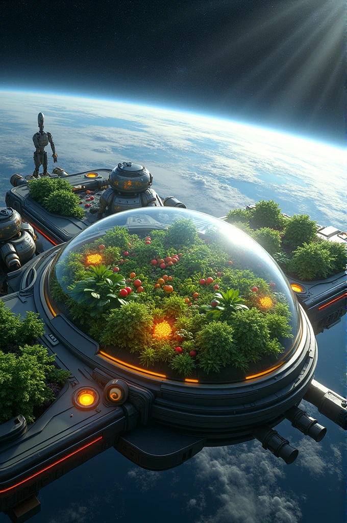 A space farm floating in space around Earth on a large spaceship with several large glass domes. Inside, various types of vegetables and fruits are growing. These domes have light from the sun shining through the glass. and has an automatic watering and climate control system Robots working around Domes in plant care, such as harvesting and replanting Behind it, there is the surface of the earth and the stars shining in the background. It portends the future of modern, state-of-the-art space agriculture.
