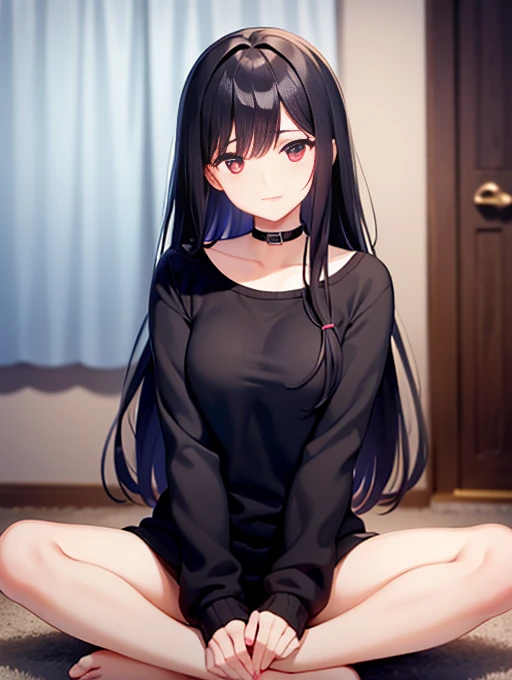 Black long hair, crimson eyes, black long-sleeved shirt, red plaid sweatpants, black choker, barefoot