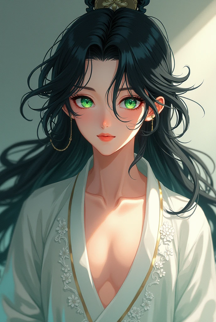 a handsome boy with long wavy black hair, sparkling green eyes, wearing a revealing white hanfu, anime picture 