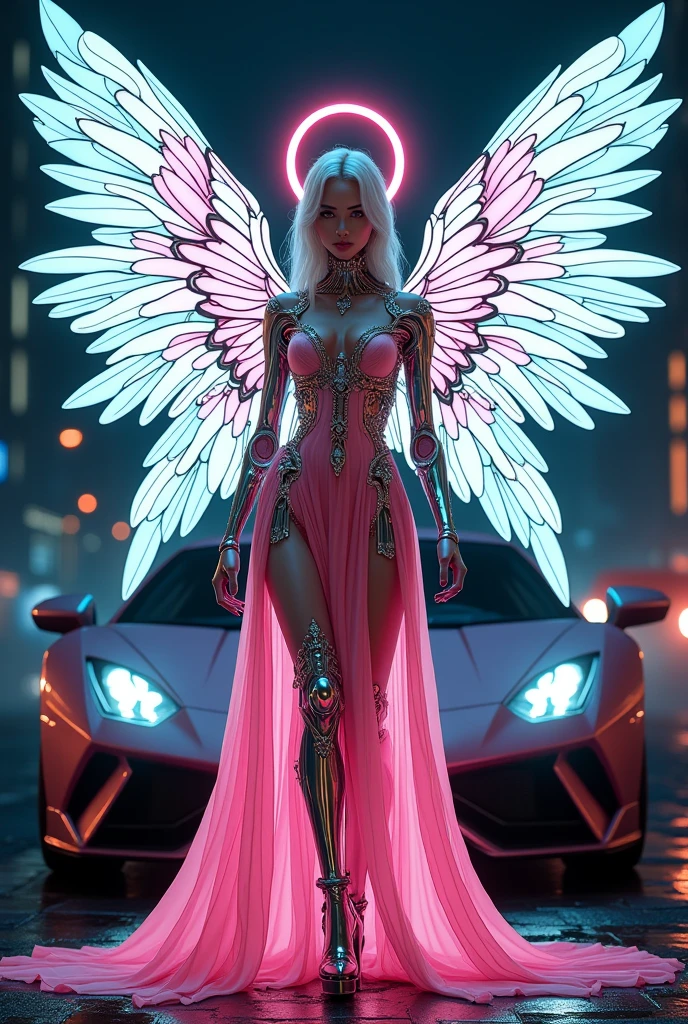 Arafed a ((stained glass artwork picture:1.5)) stained-glass, of a (mech cyberpunk female angel: 1.2) standing in at the street at night near her sports car, night, an exquisite beautiful cyberpunk female angel wearing dark dress, wearing ((intricate mech glamour pink evening dress: 1.3)), dress has miniscule mech parts, high tech parts, (white angelic wings: 1.2), spread angelic wings, halo over the head, small cleavage, wearing intricate diamond necklace, wearing elegant high heeled boots, dynamic eye color, dynamic hair color, dynamic hair style, standing near her (sports car: 1.3), cyberpunk street t background, full body shot, (Masterpiece: 1.5), Vibrant, Ultra-high resolution, High Contrast, masterpiece:1.2, highest quality, Best aesthetics), best details, best quality, highres, ultra wide angle, 16k, [ultra detailed], masterpiece, best quality, (extremely detailed), Mechanical Creatures, intense gaze, stained-glass