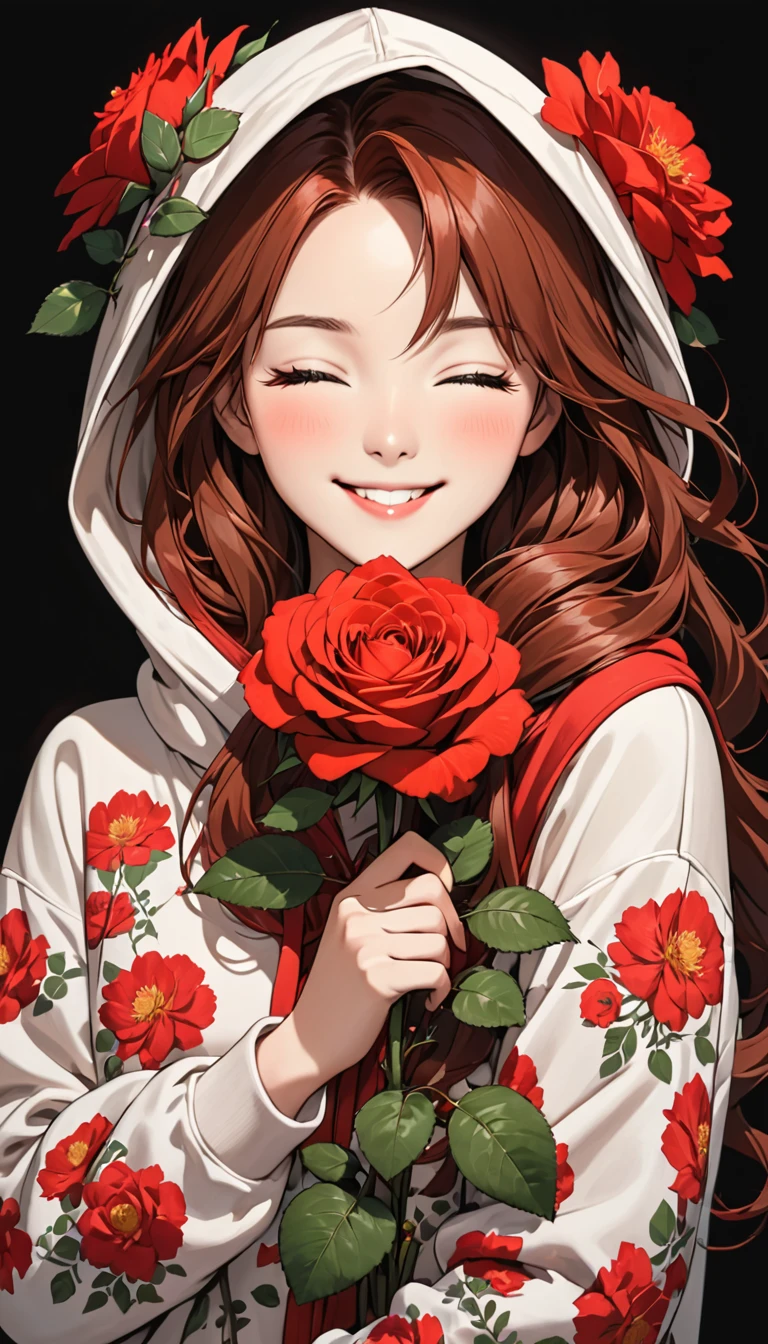 a beautiful girl with red hair holding a rose up to her face, 1girl, solo, hood, flower, holding flower, brown hair, rose, one eye closed, looking at viewer, black background, holding, long hair, hoodie, simple background, upper body, long sleeves, smile, brown eyes, red flower