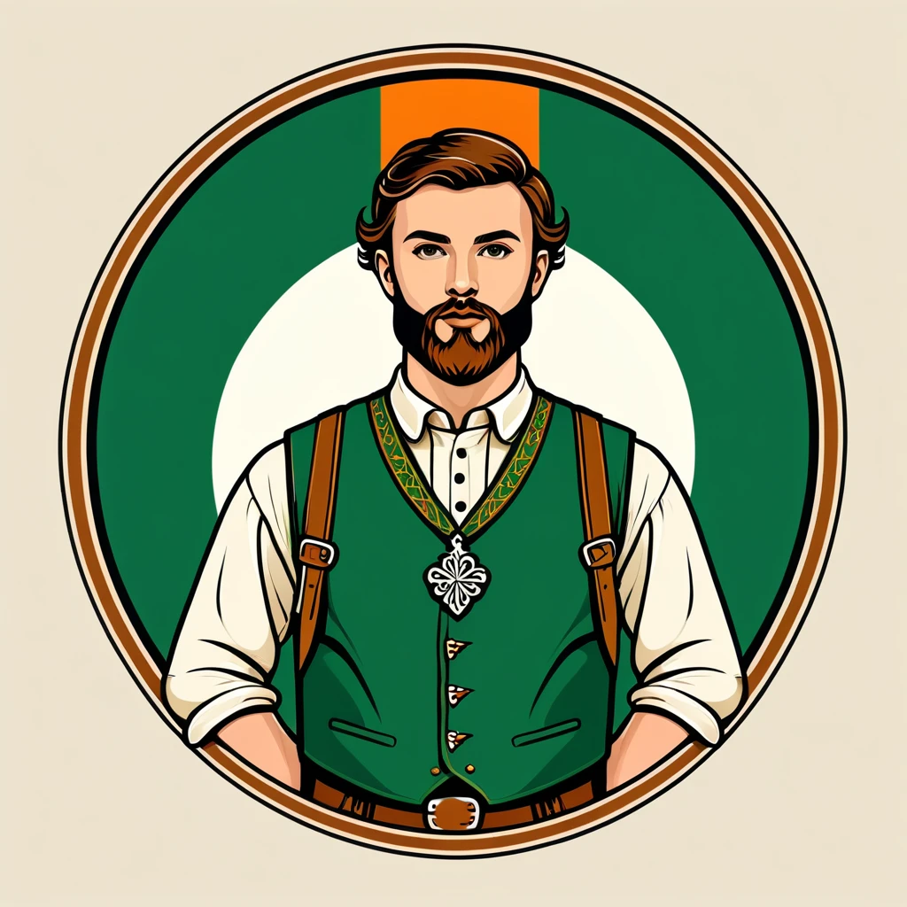 man in ireland folk outfit, vector graphics, strong contours, logo design