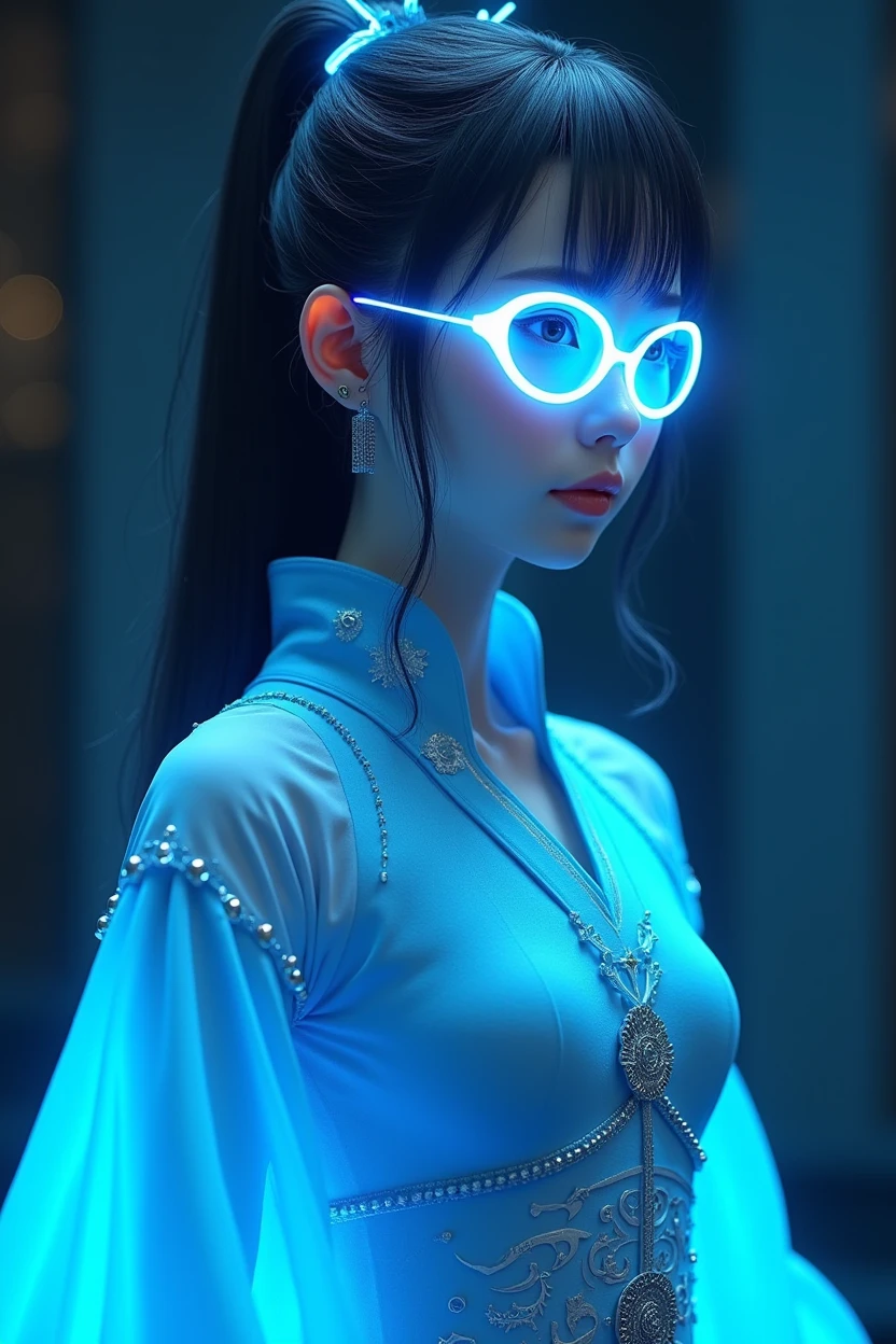 A full-body photo of an 18-year-old girl from the future,grace,beauty,Wearing exquisite sci-fi costumes,The clothing is made of 20%Future punk machinery and 80's%The light and thin traditional Hanfu of ancient China,Blue light glasses,Exquisite hairstyle,intricate bun,Shiny mane,The overall blue tone of the task,Emitting a light blue halo,Dim background,Blind Box,Popmart Style,Pixar style,Depth of Field,Ray Tracing Side View,Intricate details,Unreal engine,Eightfold Rendering,Side Light,illustration,Side Light,Bright contrast,Full HD,16k uhd,high resolution,High Saturation,Excellent clarity,accurate colors,True colors,High fidelity perfect picture quality,Super detailed,Stunning details。