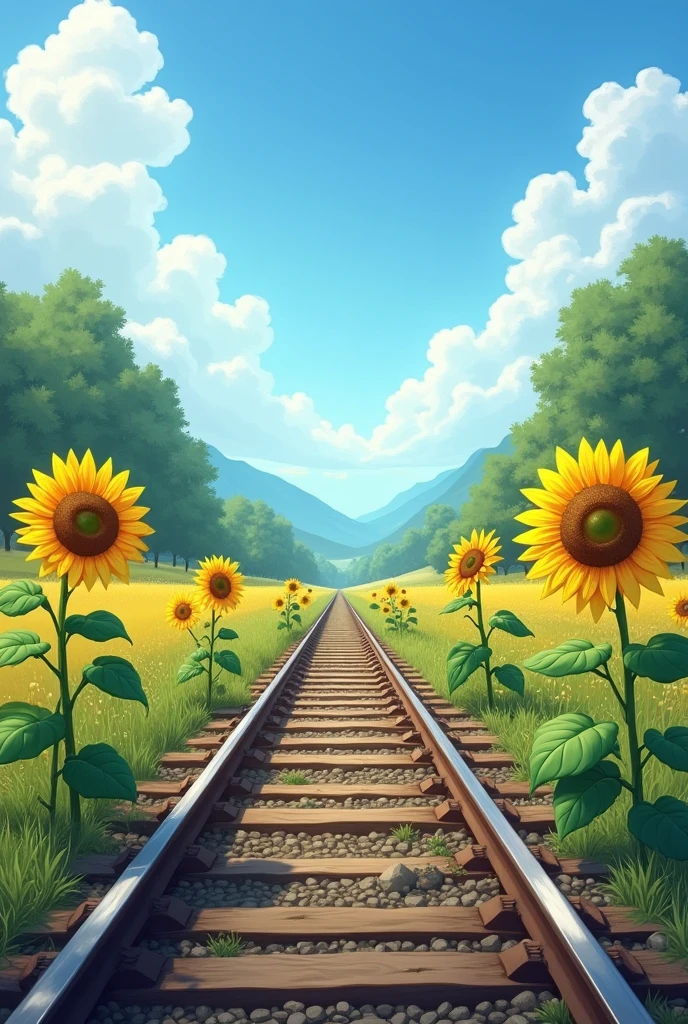 Sunflowers and railroad tracks in one-point perspective