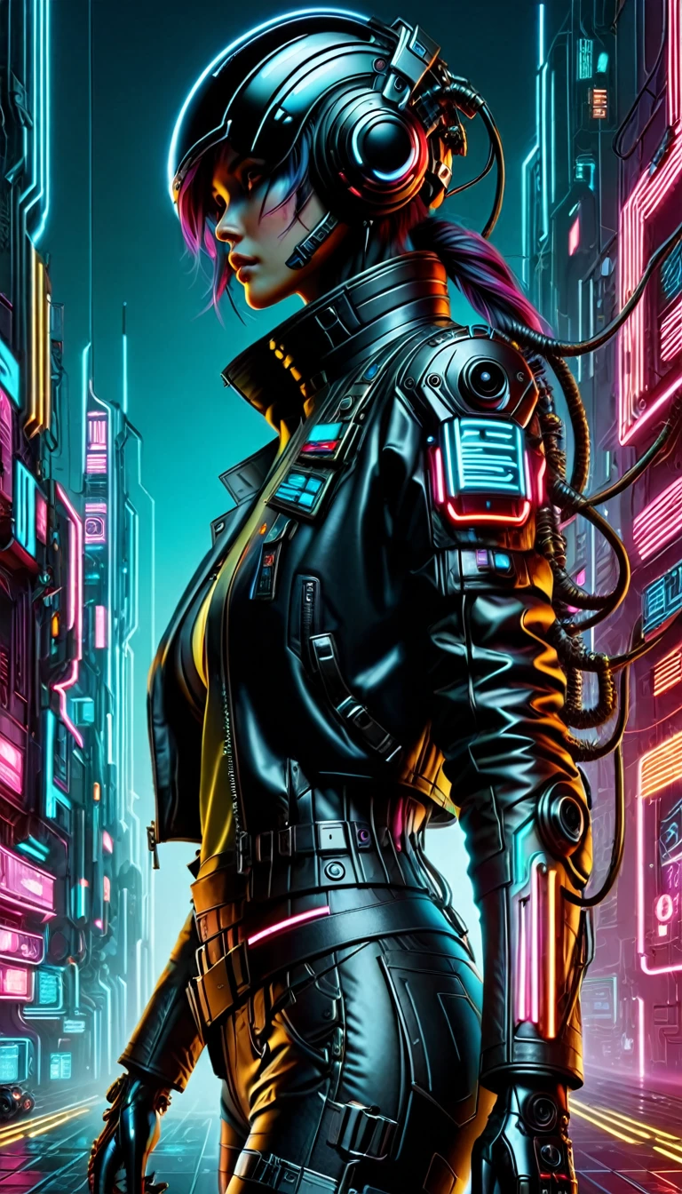 (masterpiece,best quality,ultra detailed,ultra high res,detailed background),((cyberpunk)),((flat color)),((colorful)),(1girl),pilot,pilot helmet,pilot jacket,looking at viewer,solo,upper body,colored background,high contrast,contrasting colors,cowboy shot,