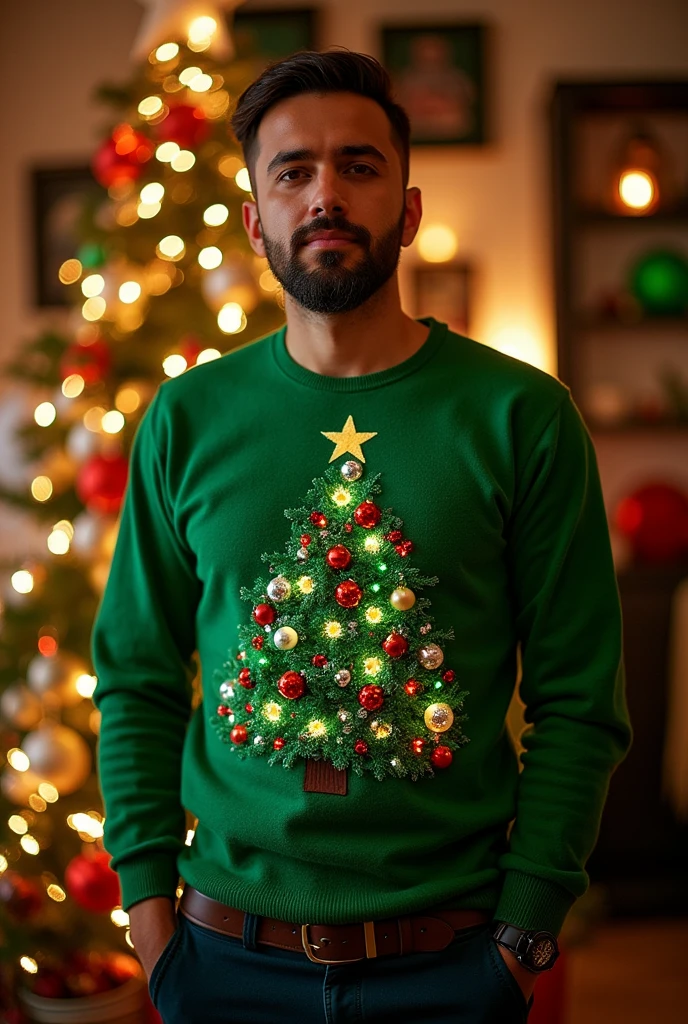 Green Christmas shirt with lights, Photos inspired by Slava Raškaj, Reddit, reproduction, High decoration, 2020 fashion, wearing Festive clothing, decorative, very decorative, There are many small decorations, Festive, wearing a green sweater, 🤬 🤮 💕 🎀, vivid and detailed