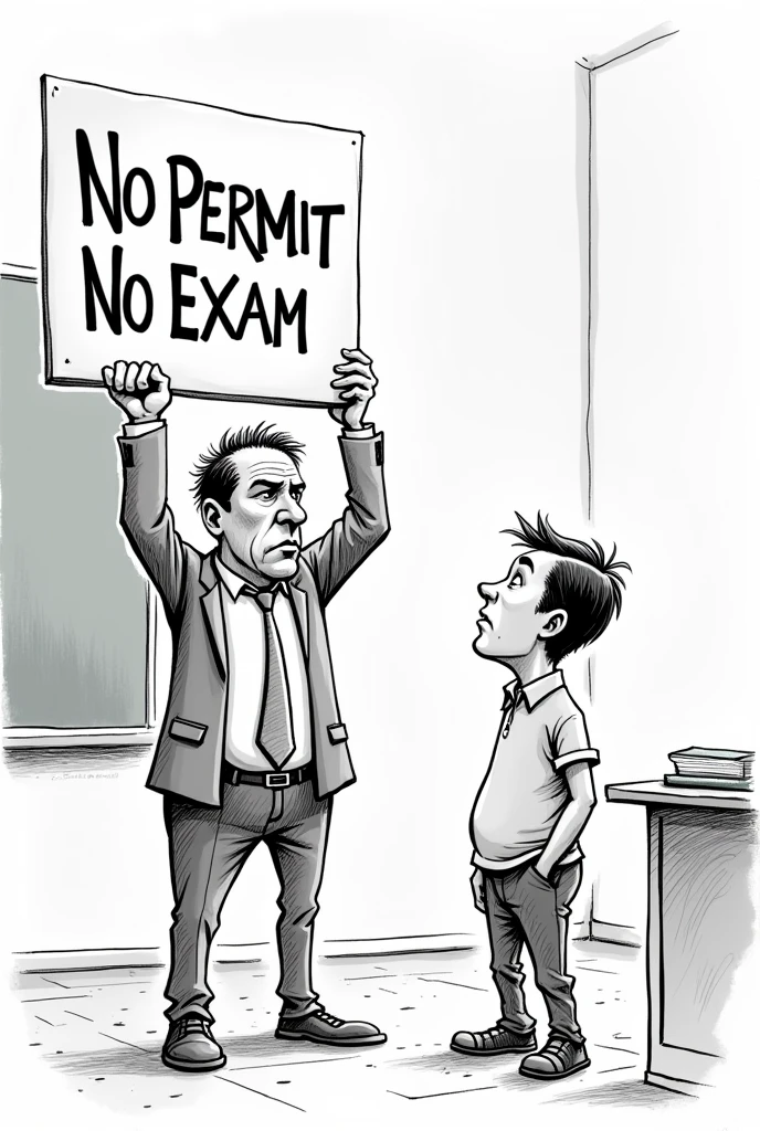 Create a editorial cartoon sketch of a Teacher holding up a 'No Permit, No Exam' sign in front of a student. 