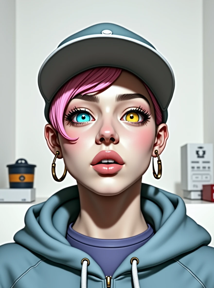 Mika Picazzo, 1 Girl, blue eyes, blue hoodie, computer, earrings, hood, hoodie, Jewelry, keyboard (computer), Logo, Logo parody, mouse (computer), Colorful eyes, Pink Hair, Recycle Bin, Solitary, White background, Yellow eyes, ,