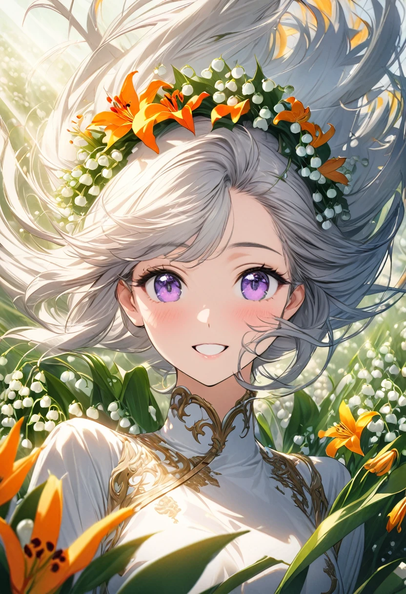 best quality, Super Fine, 16K, Ridiculous, Extremely detailed, Beautiful girl buried in white lily of the valley flowers, orange lily, and Violet, Happy look, shining silver hair waving in the wind, wind, wind-effect, sunlight shining through, Mixed Art, Mixed Art, Design Art
