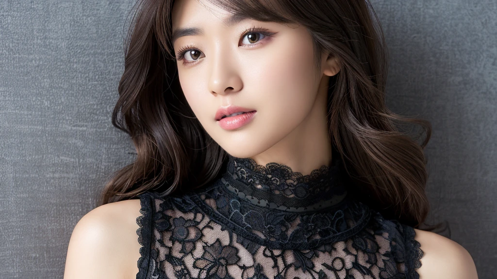 (Detailed face),vivid,(Lace fabric)Sleeveless turtleneck,4K,Ultra-high resolution,（Photorealistic：1.7）,Gray background,Black long hair,
