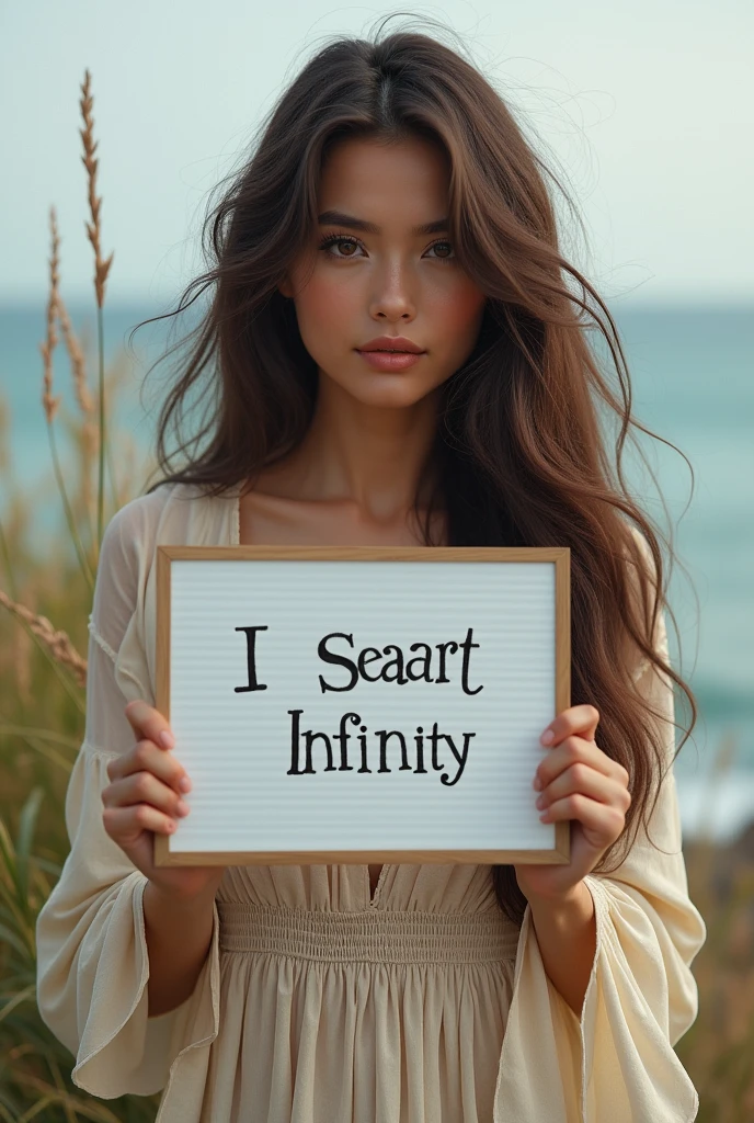 Beautiful girl with wavy long hair, bohemian dress, holding a white board with text "I Love Seaart Infinity" and showing it to the viewer