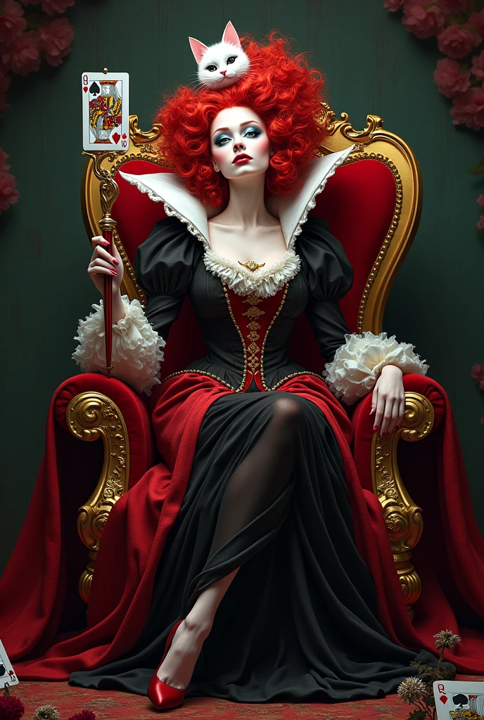 (Red curly hair),The queen has a cute white cat head,Queen's costume,Holding the love scepter,Red lipstick,(the red queen,迪士尼Villain),Big Head,Pale skin,Villain,Sitting on the throne,Accessories,poker,Blue Eyeshadow