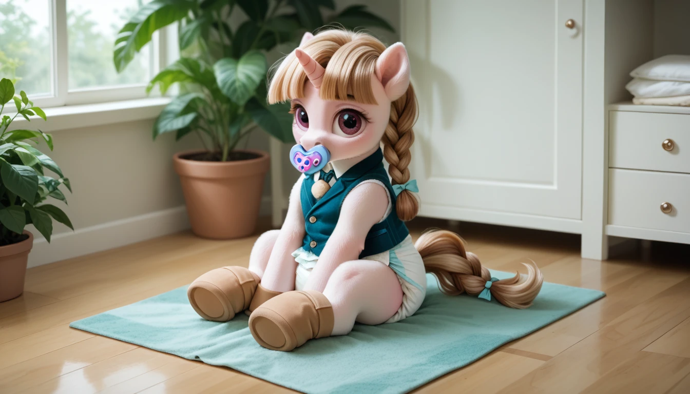 pony, light caramel unicorn, adult filly, plum eyes, lush mane braided, bushy tail, sitting in the room on a soft play mat, dressed in a vest and booties, pacifier in mouth, solo, thick diaper under clothes.