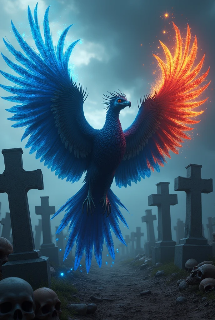 a phoenix bird with blue fire feathers with blue sparks and very large red fire feathers with sparks coming out of the wings. In a cement yard with crosses, tombs and skulls, horror movie style. Realistic photography.