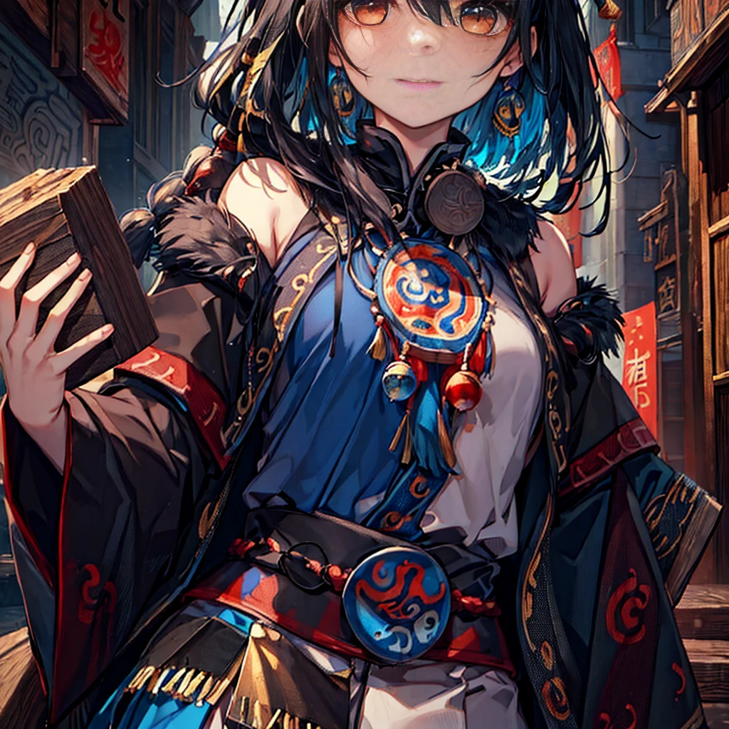 ((Shaman、nationality、:1.2)) ,Create dystopian masterpiece, There is a sense of expectation, Beautiful woman, skinny, Long black hair, Detailed face, smile, To the camera, Age 25、anime、Fantasy,Wooden chest pad、Emphasize the chest