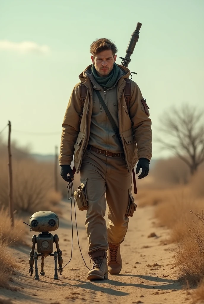 A lonely traveler in the post-apocalypse walks through the wasteland with his little robot, there is a weapon hanging on the back