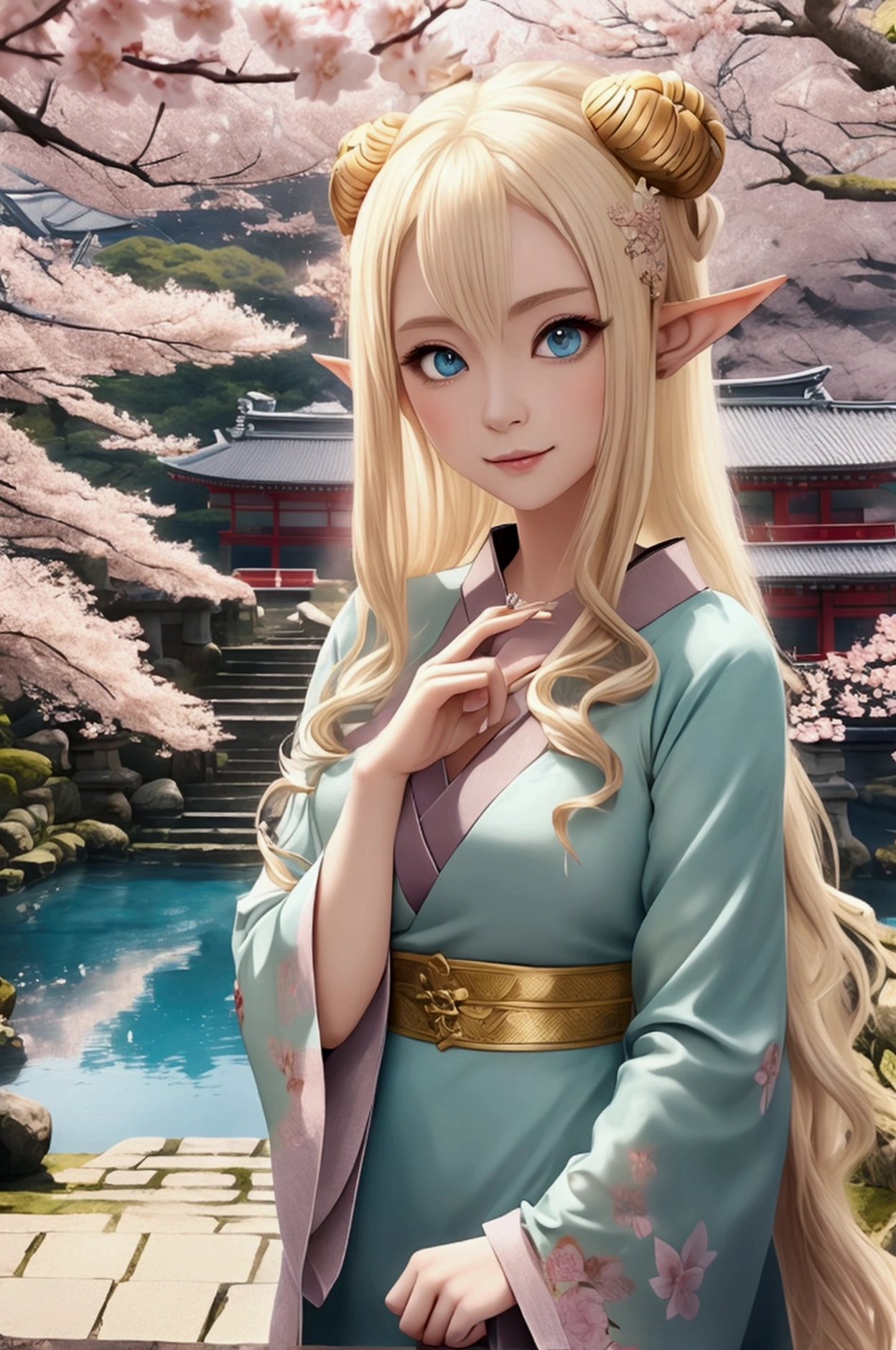 Kinkakuji, cherry blossoms and elves, Japan, Beautiful elven woman, Professional Lighting, 8k, masterpiece, ears are long and pointed, Blonde Hair, Beautiful blue eyes, Fantasy Characters, Big eyes, A happy look, Fantasy clothing, Anime elves in a real-life setting, 美しいears are long and pointed女性