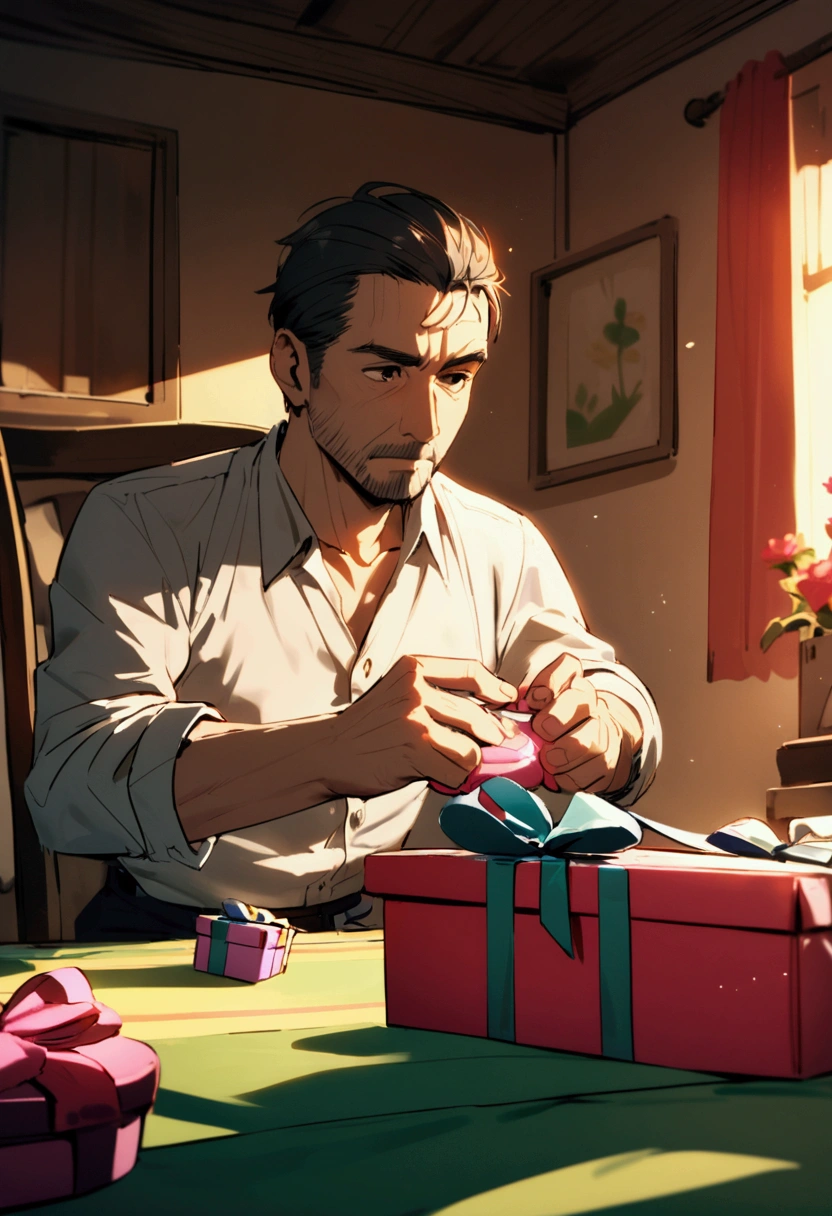 A father prepares a toy gift for his daughter to play with