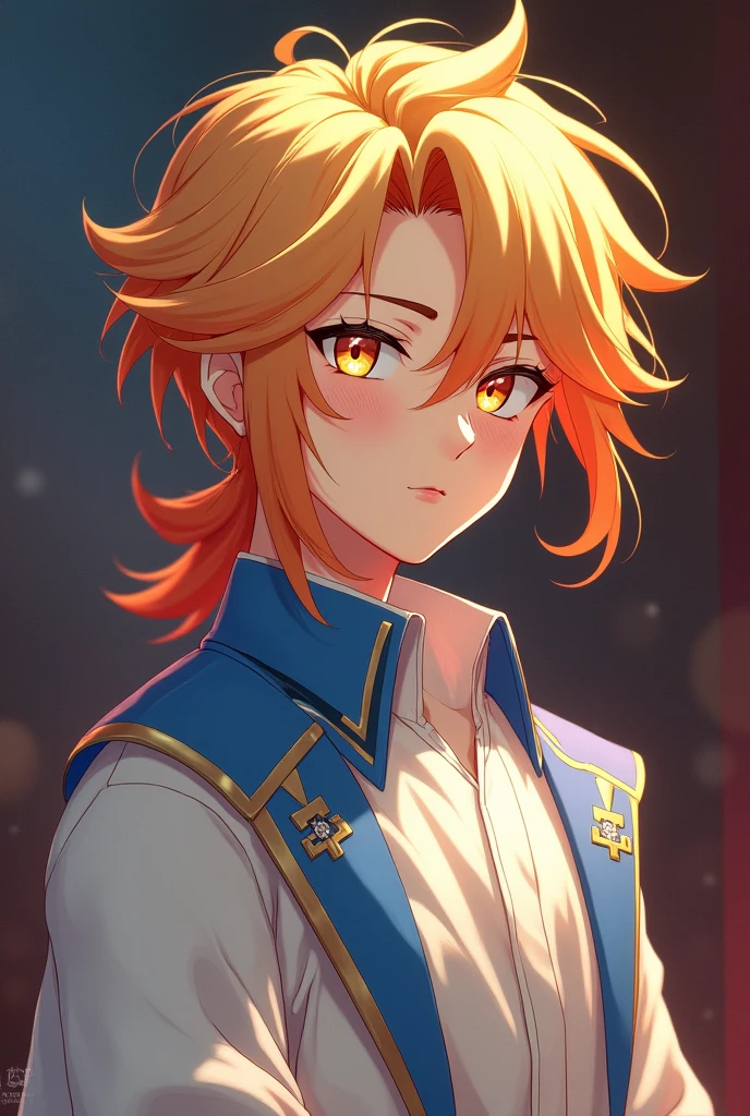 I drew a high school boy who was doing a play, with blonde hair.、She&#39;s wearing a white outfit with a blue collar, and her hair is sticking out.、The bangs are separated into three sections.々Please make a face like this. The hair will have a gradient of orange towards the end. It&#39;s a boy. The hair is well-groomed.、I&#39;m a little out of it. Please dress me like a prince. My pants have silver decorations. My eyebrows are raven-haired.、Always confident々A face like that　The bangs are divided into three sections.、The hair in the middle flows to the right、The others flow left and right