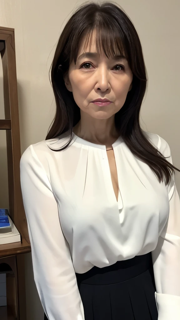 High resolution, High resolution, Attention to detail, masterpiece,(loose body), Anatomically correct, sharp, ((Japanese Mature)),(80 years old:1.3),((Facial wrinkles)),Sagging breasts,Fair skin, Black Hair,(Long Hair), bangs,(((Stand upright, facing the center))),Look at the photographer, Looking Ahead,(White blouse:1.4),(Tight Skirt:1.2),(Sitting),(Thighs:1.4),Inside the warehouse,(Serious expression),(old woman:1.4),Mature politician