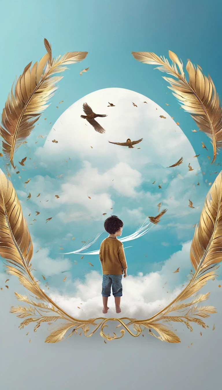 Create a professional, fantastic, cinematic dream-like logo design for a brand about music, stories, fantasy, memories and dreams called " Penamemoria". Masterpiece, 4k, sharp focus, highest quality,wide shot. The title is " Penamemoria". The brand is about the creative, unique, fantastic, dreamy, musical world of a boy and a feather. Minimalistic, simple, poetic, dreamy logo design at the center of the image. The Background image is soft blue sky with white clouds and full of feathers, unique birds. Logo design of a unique, creative, masterpiece logo of the face of a creative boy and a feather that represents memories. Make the logo white- light blue and golden