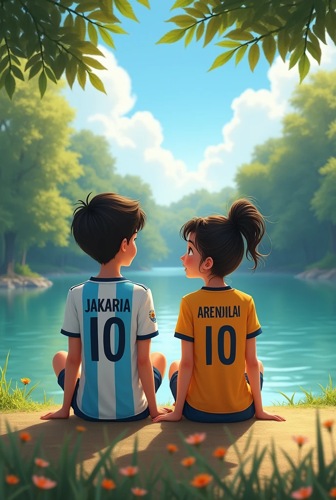 A boy and a girl are sitting on the bank of the river. The boy was wearing an Argentinian T-shirt. His number was 10. The two were sitting side by side. The boy's name was Jakariya