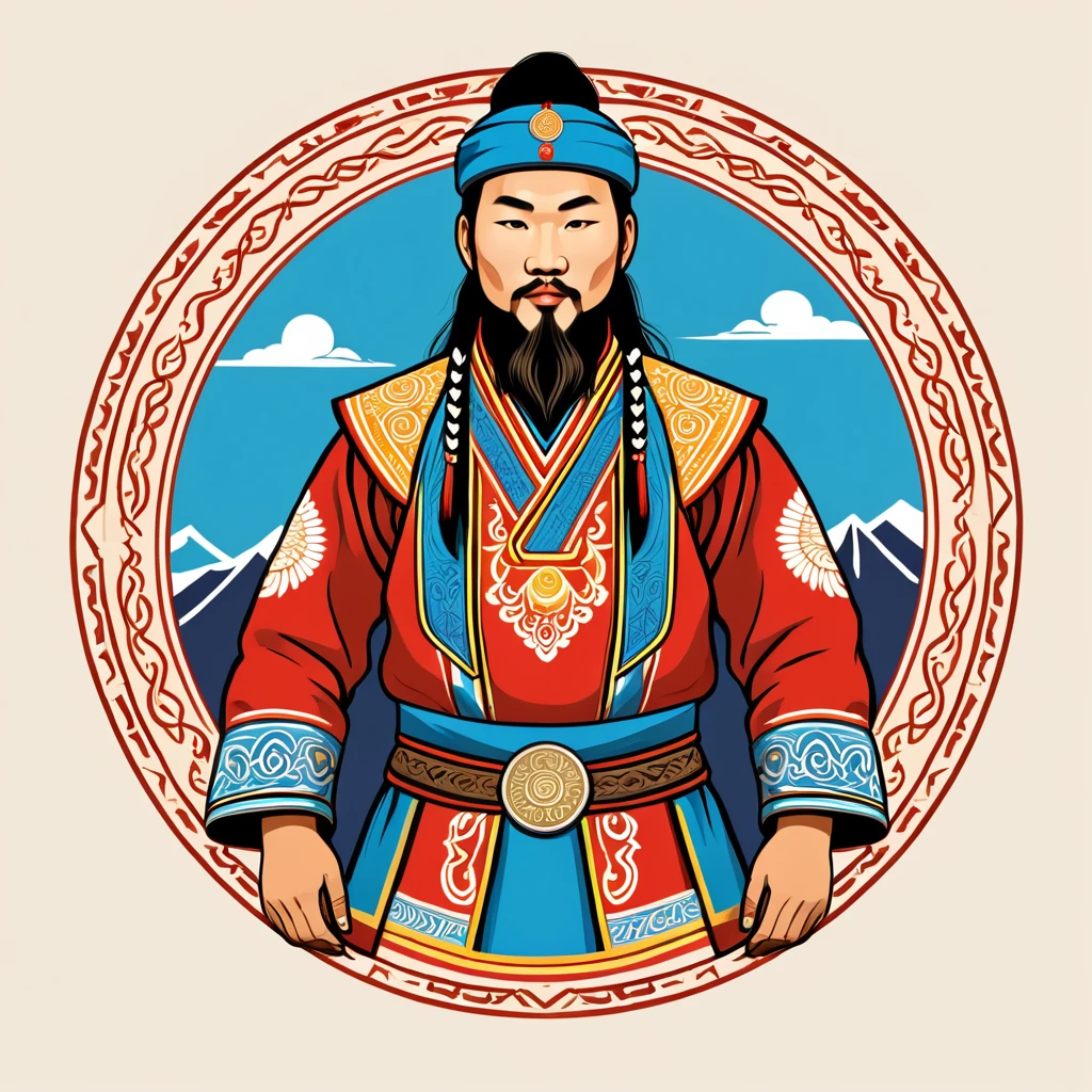 man in mongolia folk outfit, vector graphics, strong contours, logo design
