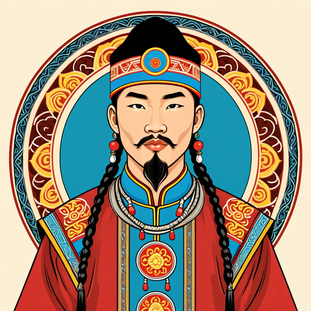 man in mongolia folk outfit, vector graphics, strong contours, logo design
