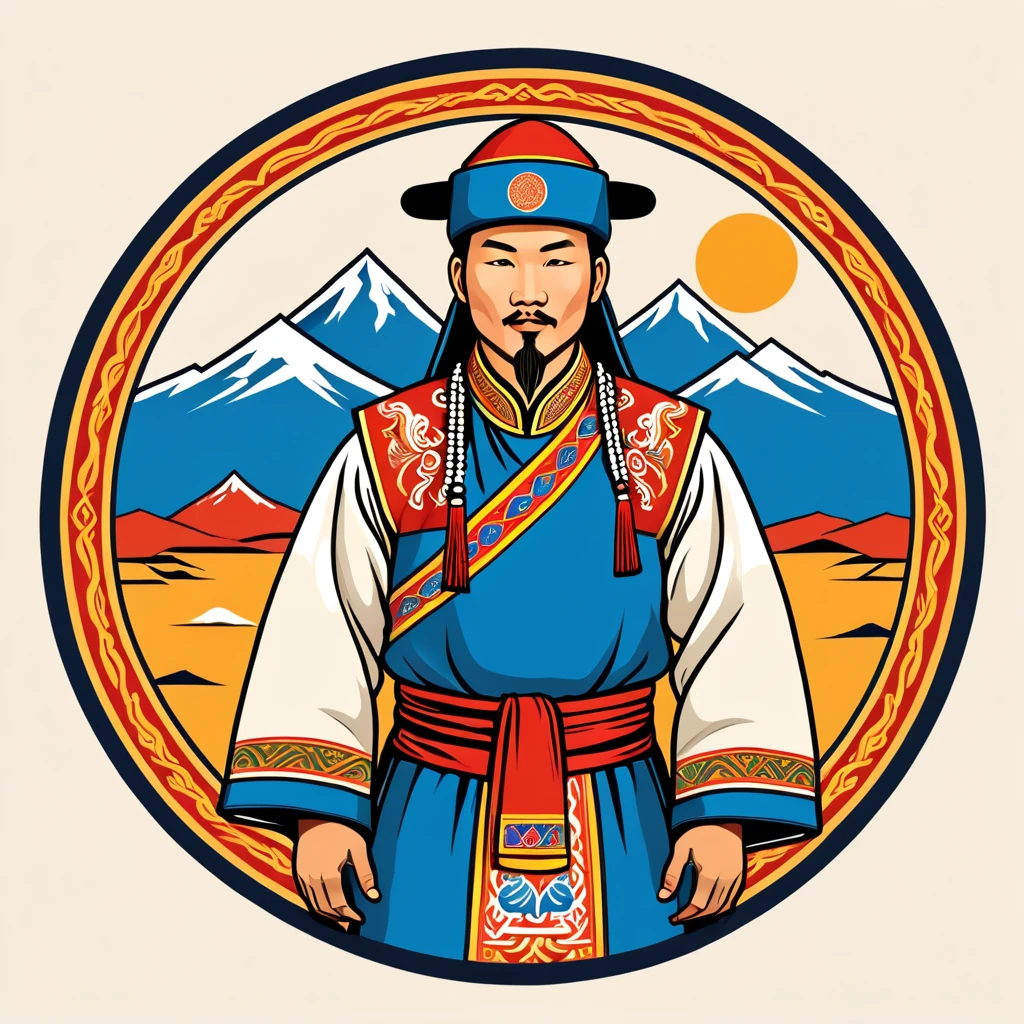 man in mongolia folk outfit, vector graphics, strong contours, logo design